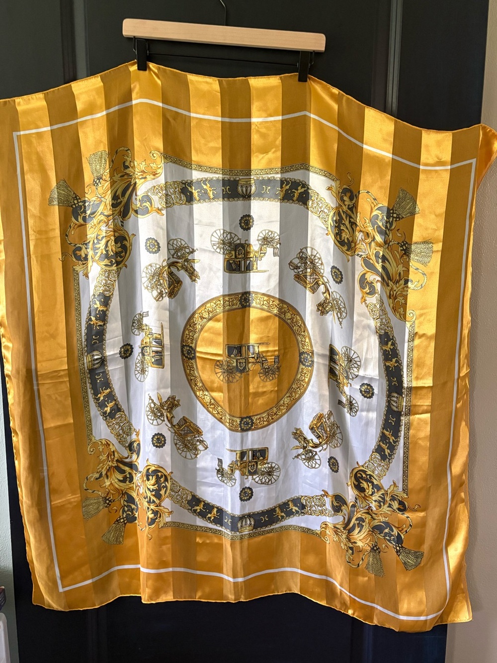 Large Scarf with Gold Black White Stage Coach Print.